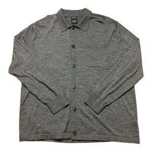 Gap 100% Merino Cardigan Sweater Shirt Mens L Heather Gray Polo Collar Button Up